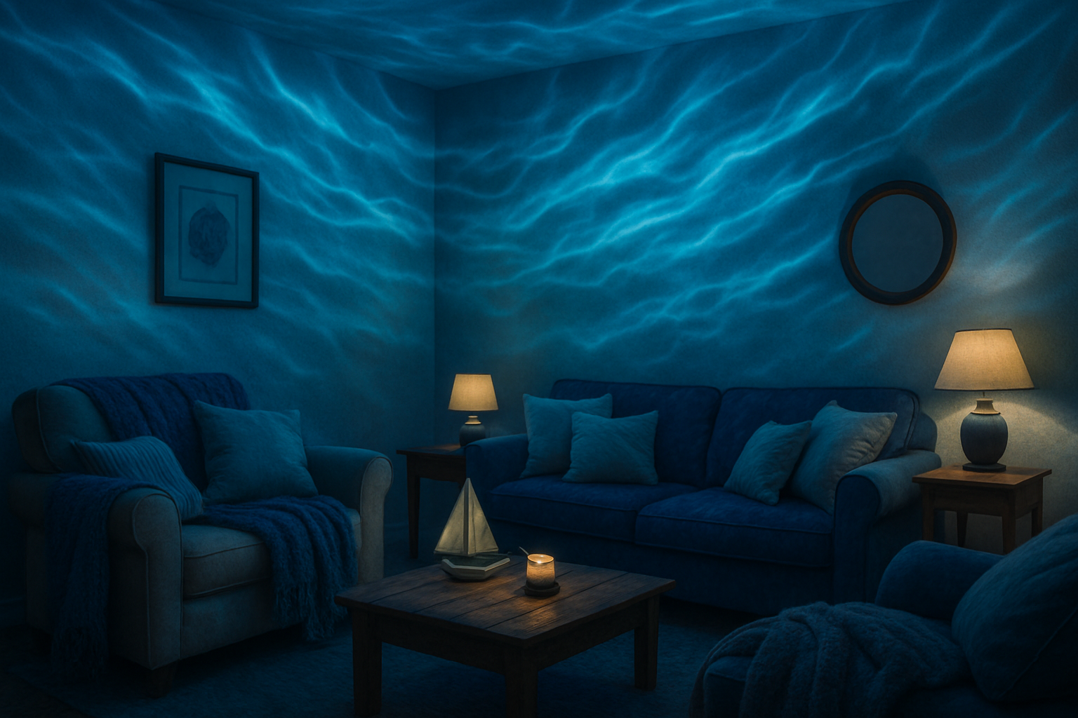 ett mysigt rum som lyser i blå färg som ska föreställa vågotr